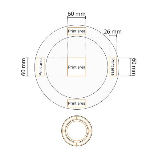 Technical drawing of the white porcelain plate with a wide rim (30.5 cm), showing the print area
