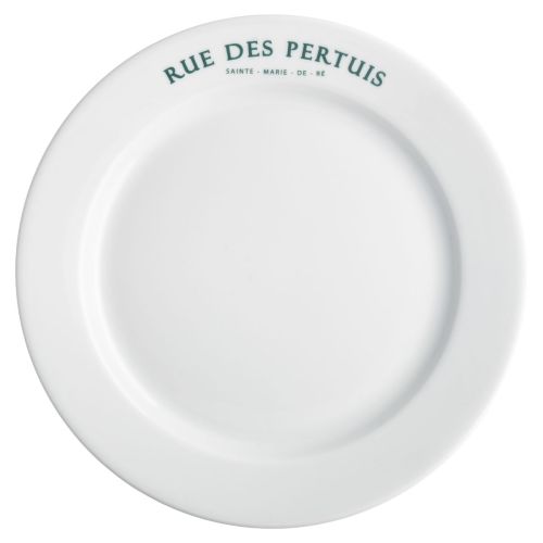 White porcelain plate with a wide rim, 30.5 cm, featuring a single-colour Rue des Pertuis logo on the rim