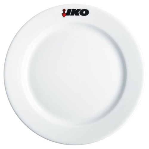 White porcelain plate with a wide rim, 30.5 cm, featuring a multicoloured Iko logo on the rim