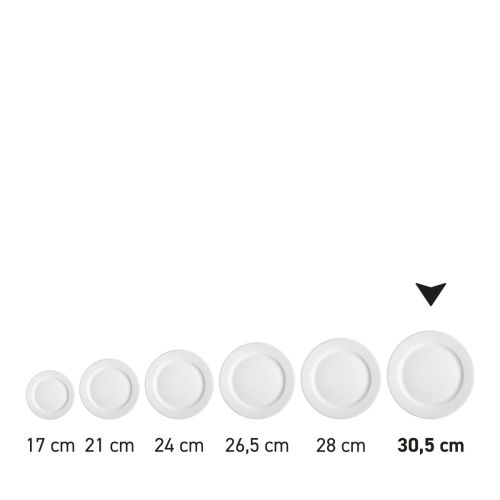 White porcelain plate with a wide rim, 30.5 cm, part of a series; several examples shown side by side