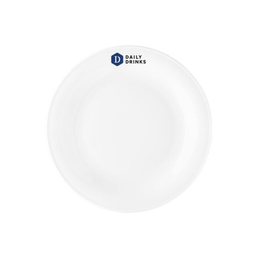 Plate Coup flat 17 cm porcelain with multicoloured DailyDrinks logo on front view