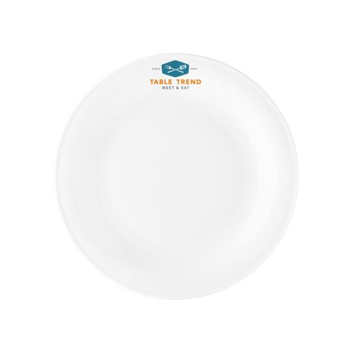 Plate Coup flat 19 cm porcelain with multicoloured TableTrend logo on front view