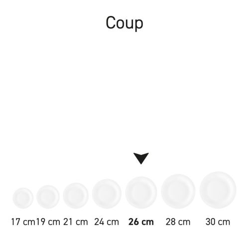 Bord Coup plat 26 cm porselein in serie, meerdere exemplaren naast elkaar getoond
