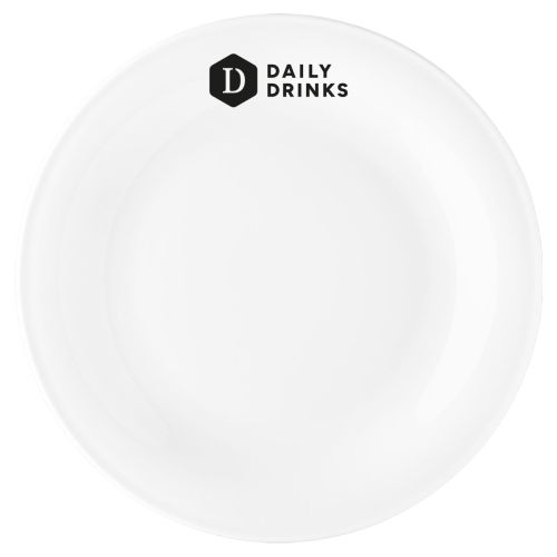 Bord Coup plat 30 cm van wit porselein met eenkleurig logo van DailyDrinks op het vooraanzicht