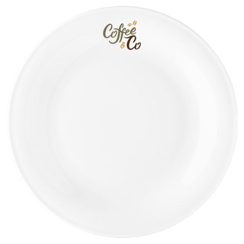 Bord Coup plat 30 cm van wit porselein met meerkleurig CoffeeCo-logo op het vooraanzicht