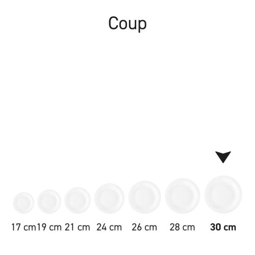 Bord Coup plat 30 cm van wit porselein in serie, meerdere exemplaren naast elkaar getoond