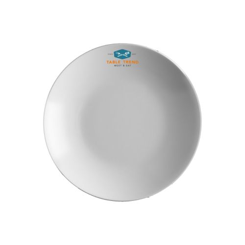 Plate Isabelle 17 cm with TableTrend logo in multiple colours on white porcelain surface.