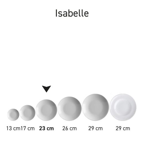 Serieopstelling van porseleinen diepe borden Isabelle in verschillende combinaties.