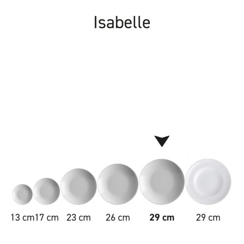 Serieopstelling van Isabelle diepe borden porselein in een complete serviespresentatie.