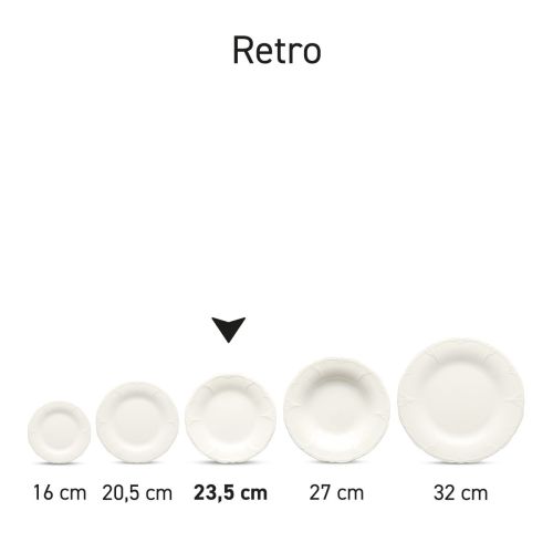 Set diepe borden Retro van 24 cm porselein naast elkaar gepresenteerd in uniforme stijl.