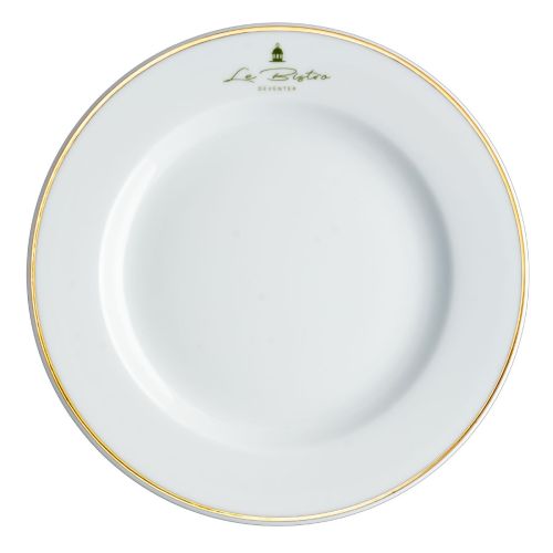 Bord Princip 27 cm porselein met eenkleurig logo van Le Bistro Deventer op het voorpaneel
