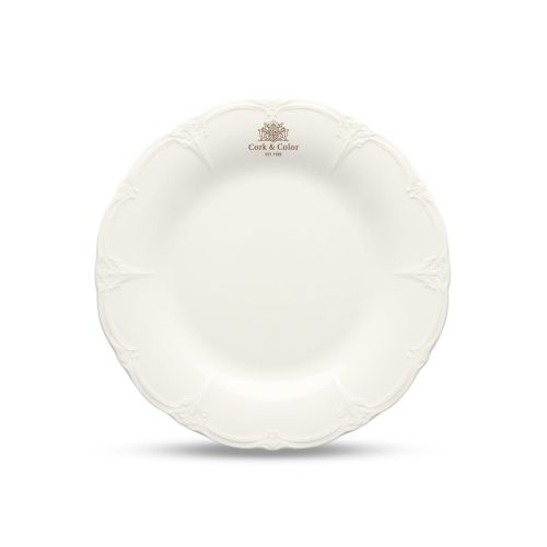 White 16 cm porcelain plate with one-colour CorkColor logo centred on the front view.
