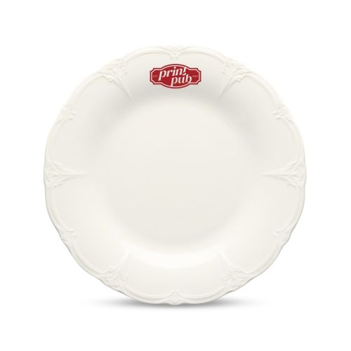 Vooraanzicht van wit porseleinen bord Retro 21,5 cm met rood logo van PrintPub gecentreerd op het bord.