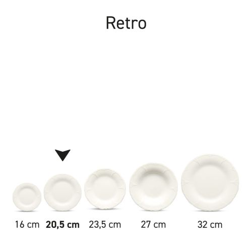 Meerdere borden Retro van porselein gepresenteerd als set in verschillende hoeken en stapeling.