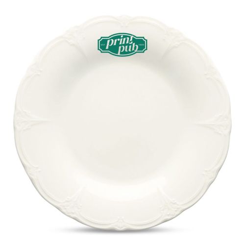 Vooraanzicht van Bord Retro 27 cm porselein met eenkleurig PrintPub-logo gecentreerd bedrukt.