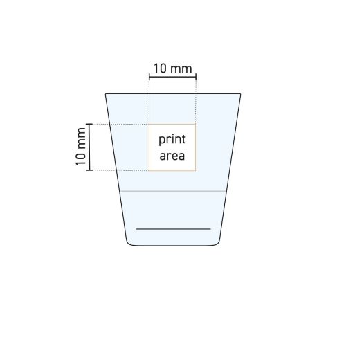 Technische werktekening van borrelglas stapel Grande S 7,2 cl. met markering van drukgebied voor logo. Technische werktekening van borrelglas stapel Grande S 7,2 cl. met markering van drukgebied voor logo.