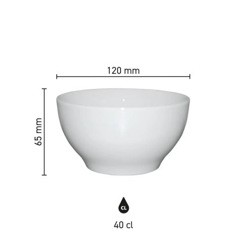 Infographic met productafmetingen van bowl wit 12 cm porselein, toont diameter, hoogte en inhoud.