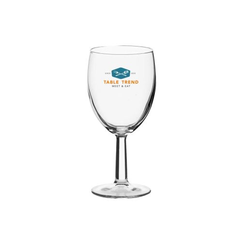 Voorzijde van Brasserie wijnglas 19,5 cl. met meerkleurig TableTrend-logo midden op het glas geplaatst. Voorzijde van Brasserie wijnglas 19,5 cl. met meerkleurig TableTrend-logo midden op het glas geplaatst.