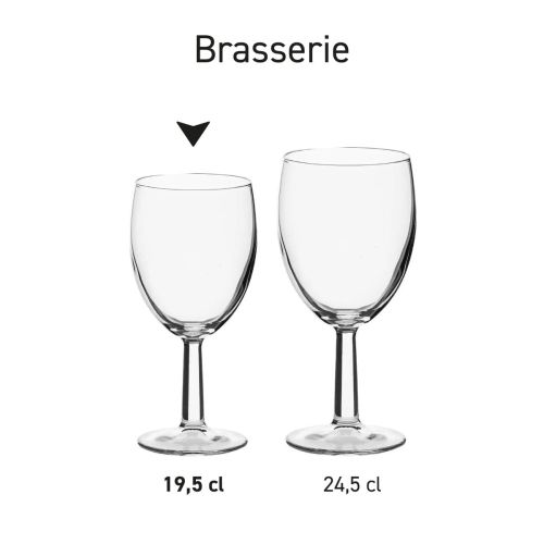 Serieoverzicht van Brasserie wijnglazen met identieke stijl en verschillend formaat, getoond in variaties. Serieoverzicht van Brasserie wijnglazen met identieke stijl en verschillend formaat, getoond in variaties.