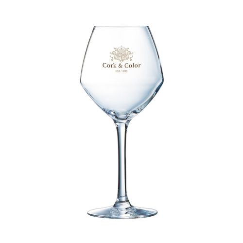 Cabernet young wine glass 35 cl with multi-coloured CorkColor logo on the front face of the glass. Cabernet young wine glass 35 cl with multi-coloured CorkColor logo on the front face of the glass.