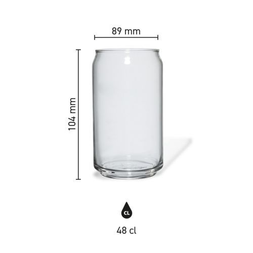 Dimensions of the Can glass (48 cl), including height, diameter and capacity, in an infographic