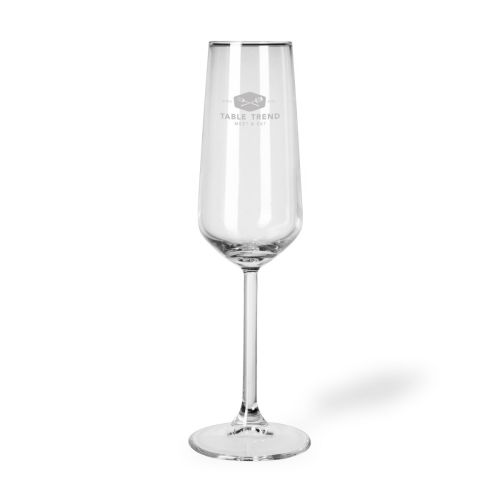 Glass champagne flute Allegra 19.5 cl with TableTrend logo as engraving visible on the front view.