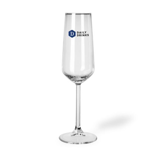 Glass champagne flute Allegra 19.5 cl with multicoloured DailyDrinks logo printed on the front view.