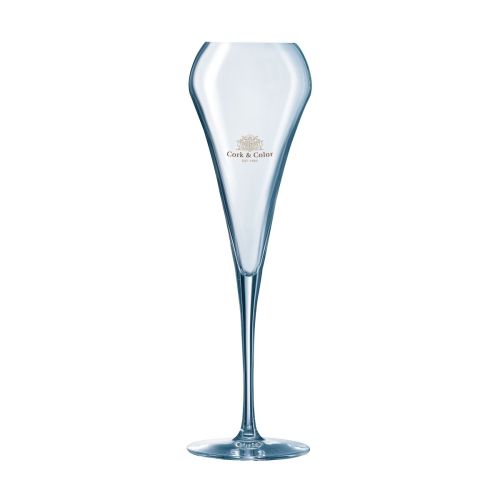 Vooraanzicht champagneglas 20 cl met meerkleurig logo CorkColor op kelk, Chef & Sommelier Open Up. Vooraanzicht champagneglas 20 cl met meerkleurig logo CorkColor op kelk, Chef & Sommelier Open Up.