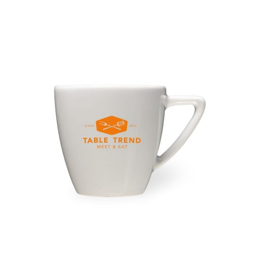 Voorzijde van Classic Koffie kop 15 cl. bedrukt met éénkleurig TableTrend-logo op wit porselein.