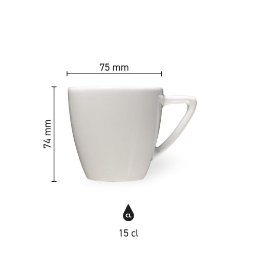 Infographic toont technische productafmetingen van de Classic Koffie kop wit 15 cl. in millimeters.