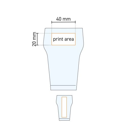 Technische werktekening van het Cola Klein 22 cl. glas met aangegeven drukgebied op voorzijde.