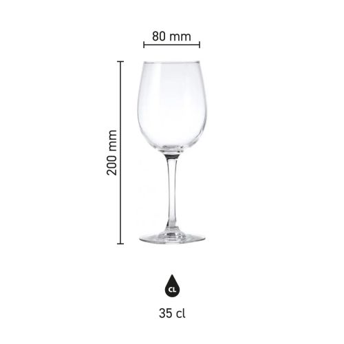 Infographic met afmetingen van het Cosy Moments wijnglas 35 cl, inclusief hoogte en inhoud.