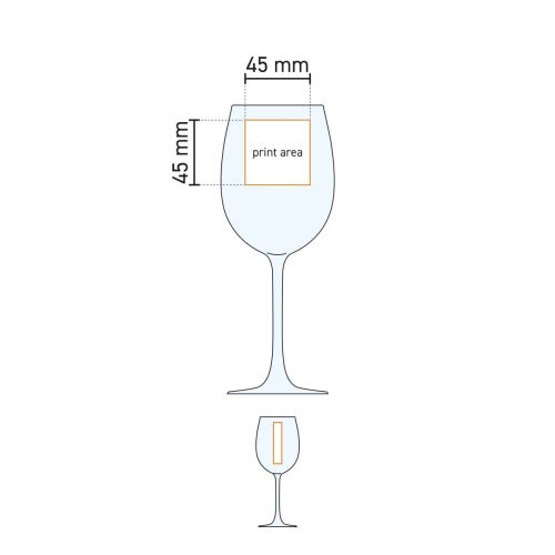Technical working drawing with printing area on the Cosy Moments wine glass 48 cl. for logo placement. Technical working drawing with printing area on the Cosy Moments wine glass 48 cl. for logo placement.