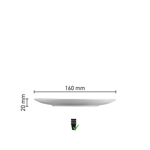 Infographic toont de diameter en hoogte van coupe bord Isabelle 16 cm van porselein.