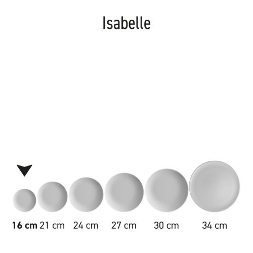 Meerdere coupe borden Isabelle van 16 cm porselein gepresenteerd als serie in diverse stapelingen.