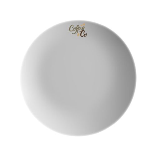 Porseleinen coupe bord Isabelle van 21 cm met meerkleurig CoffeeCo-logo op het vooraanzicht.