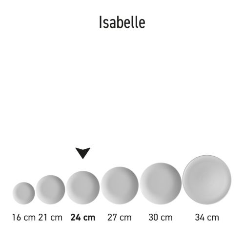 Set van coupe borden Isabelle van verschillende afmetingen in porselein, gepresenteerd als onderdeel van een serviescollectie.