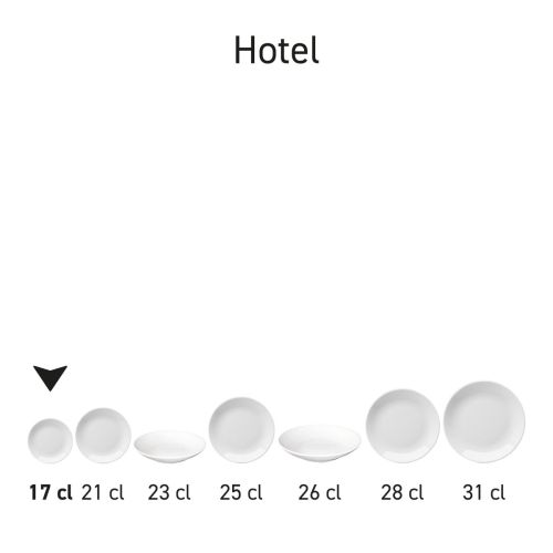 Serie-opstelling van meerdere witte Hotel coupeborden van uit dezelfde porseleinen lijn.