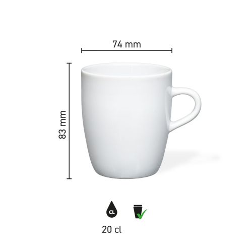 Infographic toont technische afmetingen van Cynthia mok wit 20 cl. porselein in millimeters.