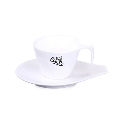 Dream kop en schotel 15 cl van porselein met enkelkleurig CoffeeCo-logo aan de voorzijde bedrukt. Dream kop en schotel 15 cl van porselein met enkelkleurig CoffeeCo-logo aan de voorzijde bedrukt.