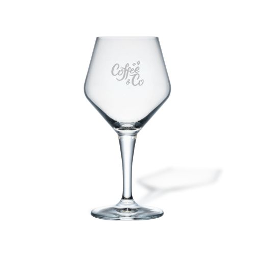 Transparent Eder Kelch tap size glass 30 cl with engraved CoffeeCo logo on the front panel