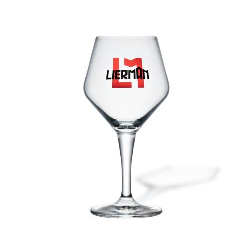 Transparent Eder Kelch tap size glass 30 cl with multicoloured Lierman logo in corporate colours on front panel