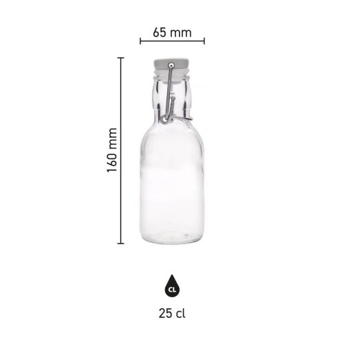 Infographic met hoogte en diameter van de glazen Emilia fles 0,25 liter met beugelsluiting. Infographic met hoogte en diameter van de glazen Emilia fles 0,25 liter met beugelsluiting.