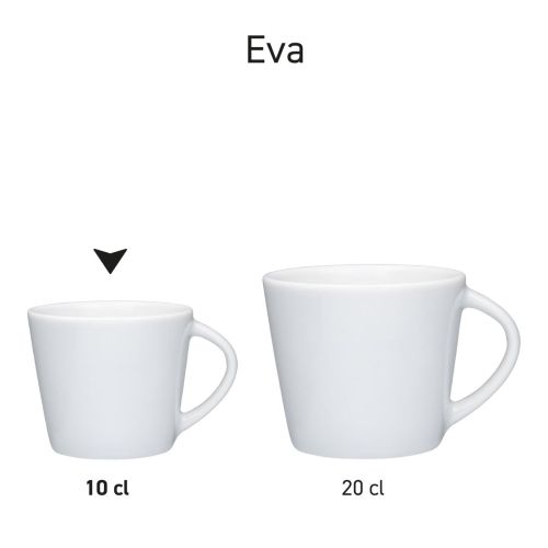 Overzicht van Eva Espresso Kopjes wit 10 cl. en 20 cl. als serie gepresenteerd in porseleinen uitvoering.