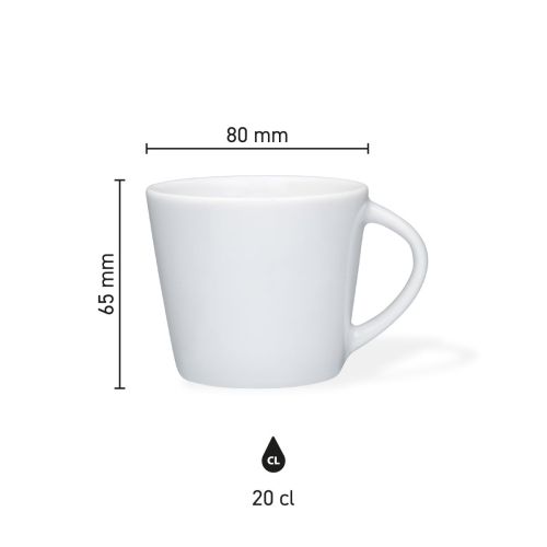 Infographic showing dimensions of the Eva Coffee Cup 20 cl porcelain clearly laid out.