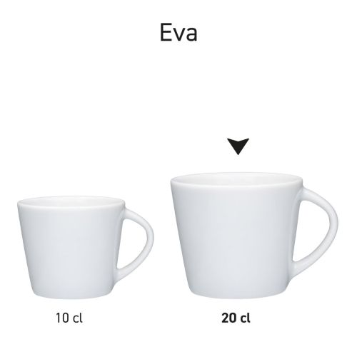Series Eva Coffee Cups of 10 cl. and 20 cl. in porcelain presented in different positions.