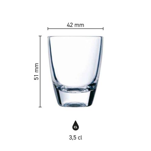 Infographic met productafmetingen van gin shotglas 3,5 cl in glas, inclusief hoogte en diameter in beeld.