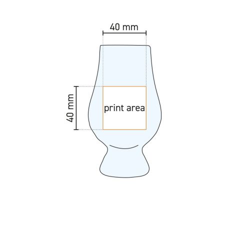Technical working drawing with marked printing area on Glencairn whisky glass 20 cl in glass. Technical working drawing with marked printing area on Glencairn whisky glass 20 cl in glass.