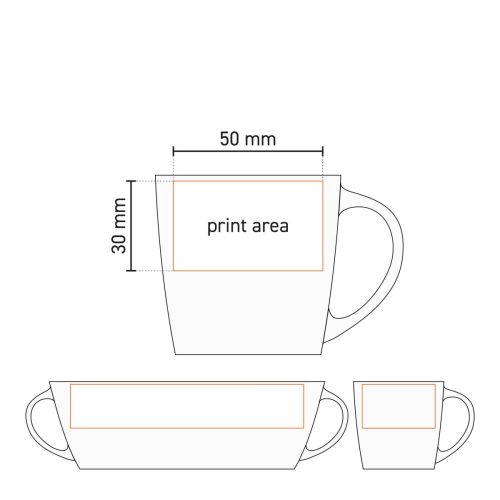 Technische werktekening van keramieken Handy Espresso Kop met aanduiding van het drukgebied. Technische werktekening van keramieken Handy Espresso Kop met aanduiding van het drukgebied.