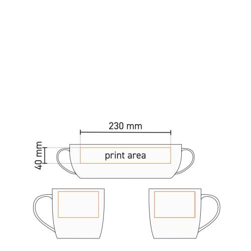 Technical working drawing of Handy mug White 30 cl. porcelain with marked printing area. Technical working drawing of Handy mug White 30 cl. porcelain with marked printing area.